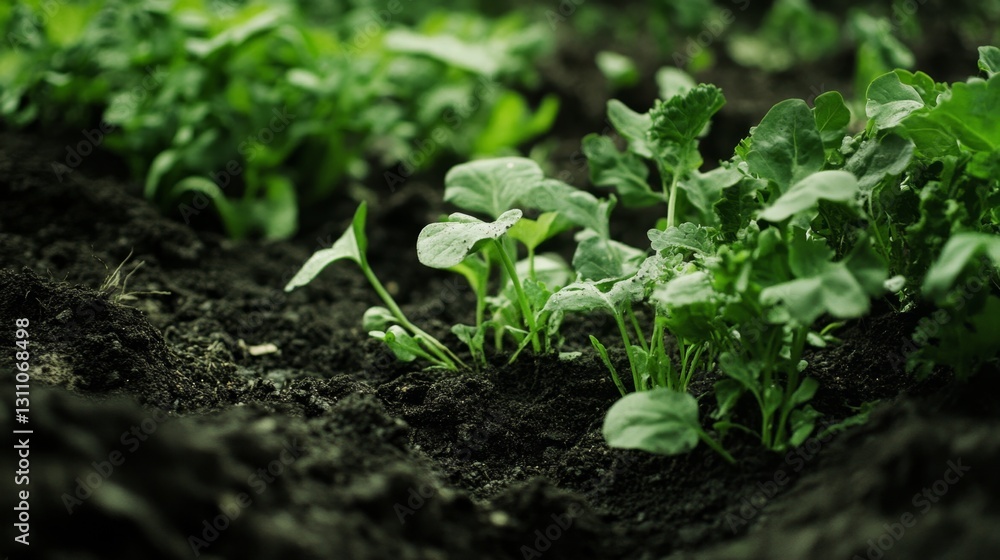 Lush Green Plants Emerging from Rich Dark Soil in a Garden Lush Green Plants Emerging from Rich Dark Soil in a Garden