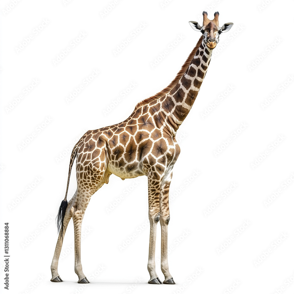 Naklejka premium Giraffe standing on white background, showcasing its unique pattern