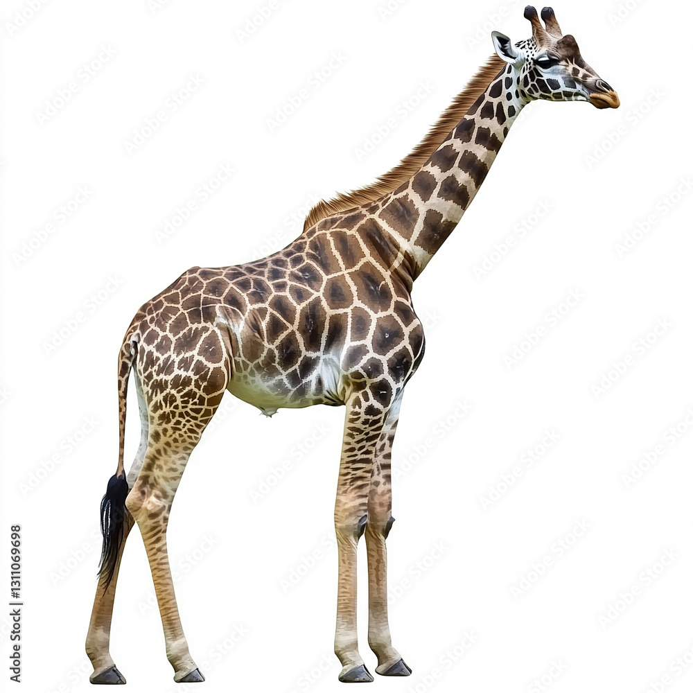 Naklejka premium Giraffe standing on white background, showcasing its unique pattern