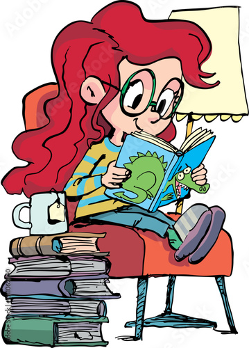 girl is absorbed in reading a pile of books next to the lamp2.eps