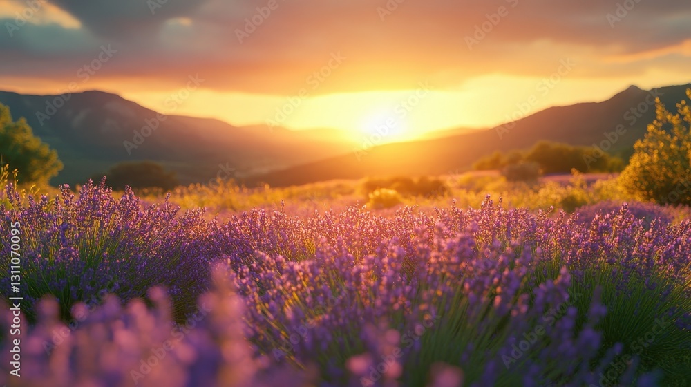 Fototapeta premium Lavender field at sunset with vibrant colors and mountain view