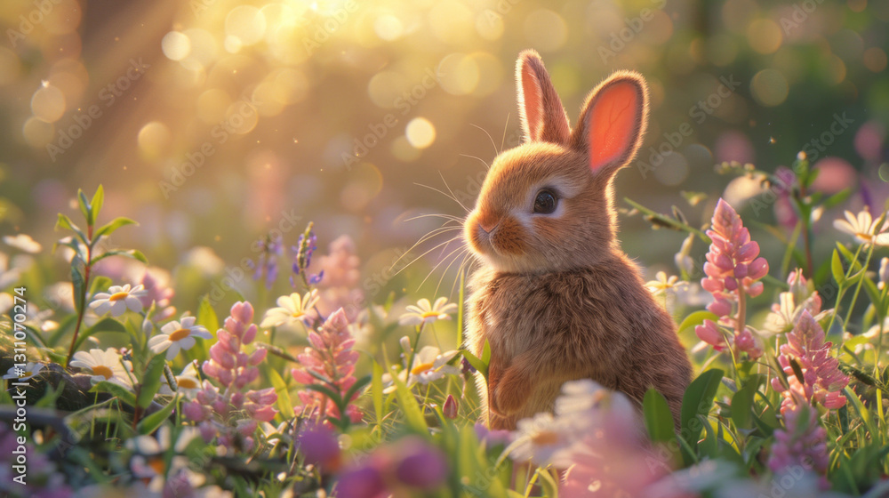 A cute easter bunny standing in the grass with easter eggs, spring flowers, soft light, and pastel colors, with the scene having a cinematic style with sun rays. A cute easter bunny standing in the grass with easter eggs, spring flowers, soft light, and pastel colors, with the scene having a cinematic style with sun rays.