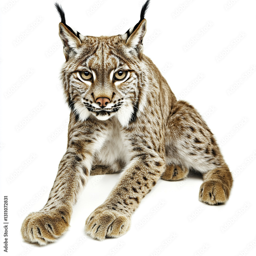 Iberian lynx isolated on white background, showcasing its distinctive features Iberian lynx isolated on white background, showcasing its distinctive features