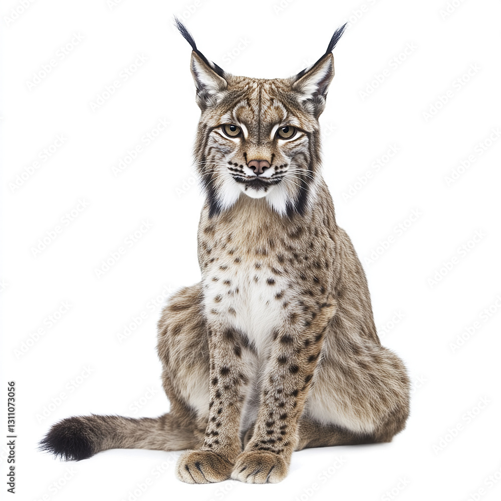 Obraz premium Iberian lynx sitting on white background, looking alert