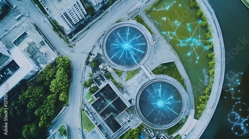 Futuristic Aerial View of Sustainable Smart City Infrastructure and Wastewater Surveillance Network