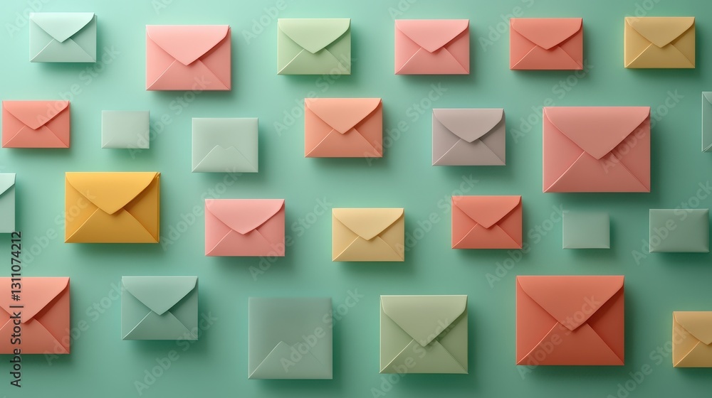 Three dimensional pattern of rows of pastel colored envelopes flat laid against green background. pattern. Three dimensional pattern of rows of pastel colored envelopes flat laid against green background. pattern.