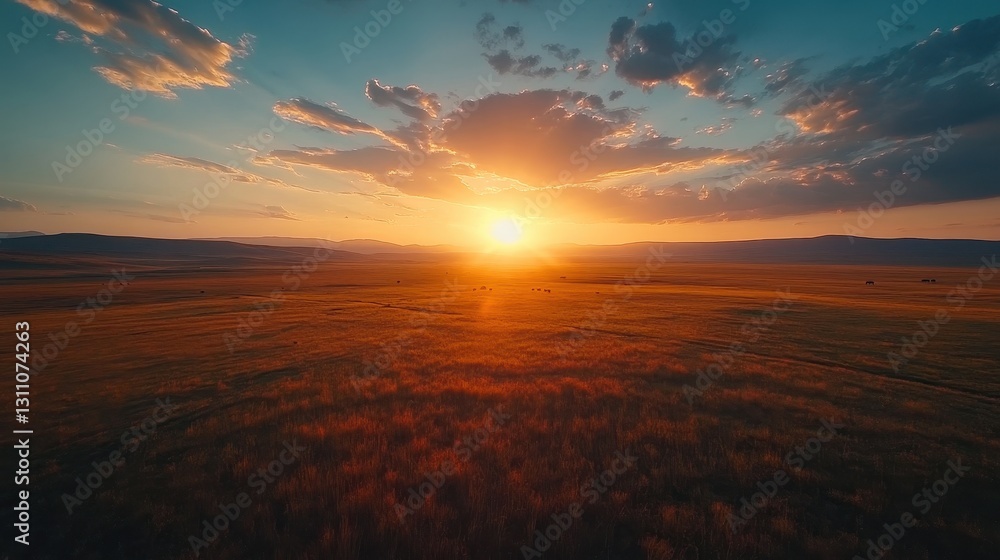 Fototapeta premium Captivating sunset over vast grassland with dramatic sky and rolling hills