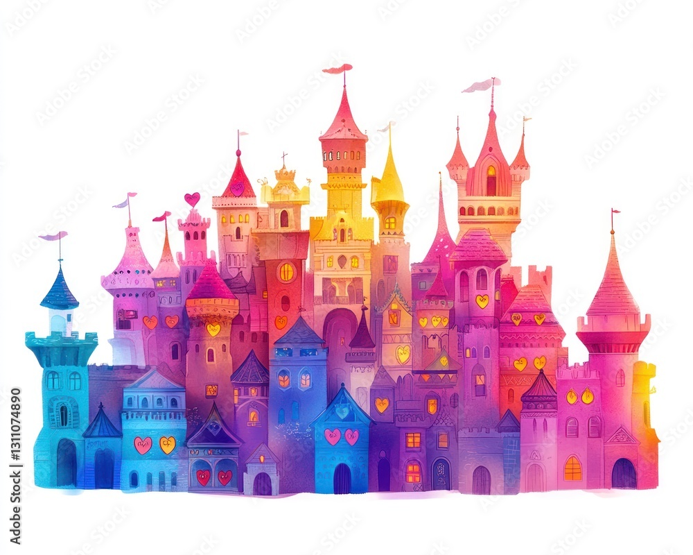 Obraz premium Colorful fairytale castle town, hearts, fantasy illustration, children's book