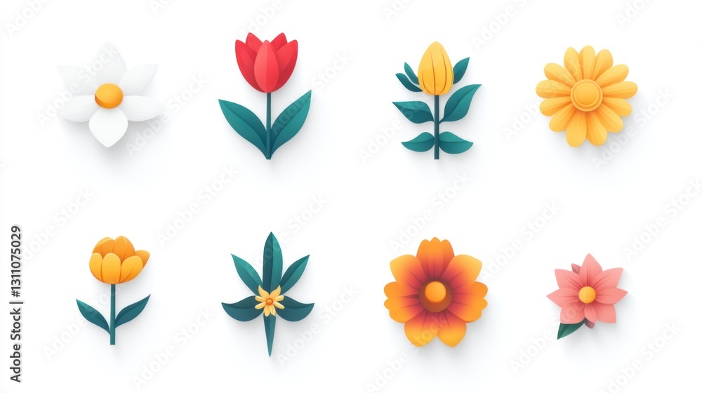 Colorful flower icons; spring design; white background; website assets Colorful flower icons; spring design; white background; website assets