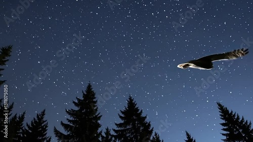 A majestic owl soars through the night sky, silhouetted against a backdrop of twinkling stars. A stunning depiction of nocturnal wildlife and freedom.