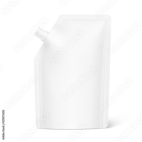 Realistic stand pouch bag with corner spout mockup. Vector illustration isolated on white background. Front view. Can be use for template your design, presentation, promo, ad. EPS10.