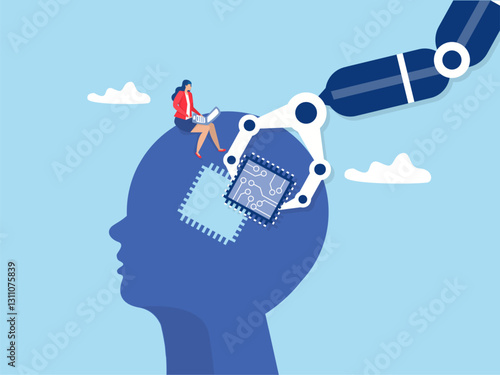 Business industry robot factory concept Robotic system control put AI processing chip into human brain with AI, Artificial Intelligence,robot and automation innovation concept vector