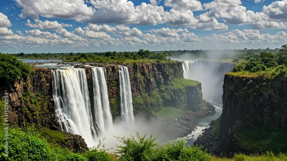 Breathtaking panoramic view of a massive waterfall surrounded by lush greenery and blue sky Breathtaking panoramic view of a massive waterfall surrounded by lush greenery and blue sky