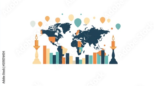 World map with candles and graphs, global data visualization