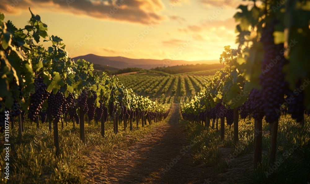 Naklejka premium Vineyard Path at Sunset