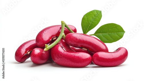 Close-up of vibrant red kidney beans with green leaves isolated on white background.
