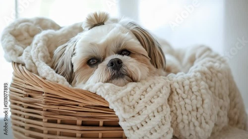 Shih Tzu Relaxing in Basket