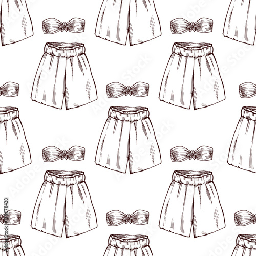 hand drawn seamless pattern with bikini top and shorts in vintage style