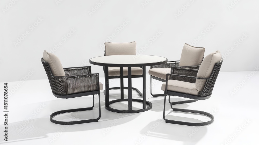 Obraz premium contemporary round garden dining set floating on stark white backdrop, aluminum frame furniture, professional catalog photography style, clean lines, minimalist outdoor collection