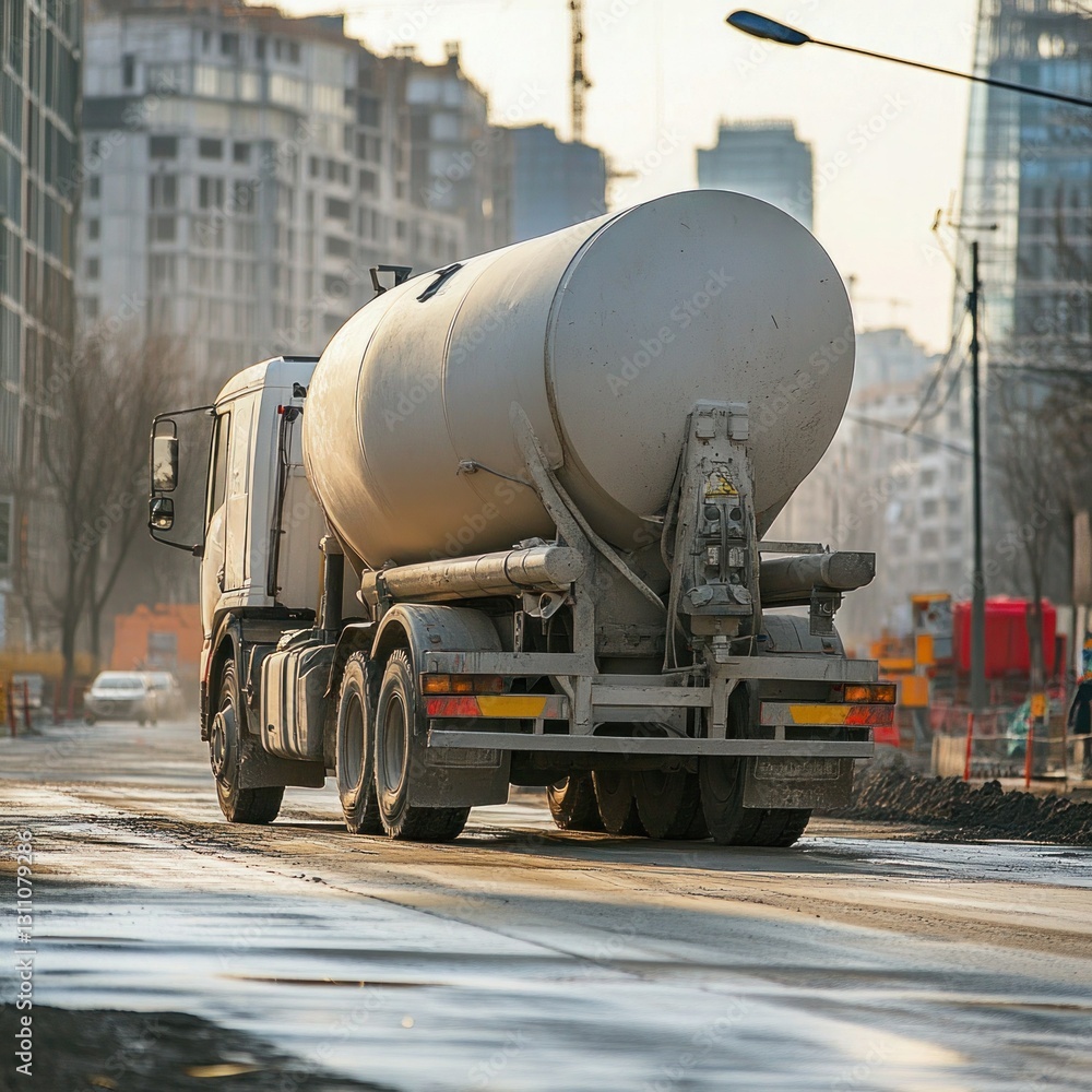 A concrete mixer pouring a sidewalk at a residential neighborhood project A concrete mixer pouring a sidewalk at a residential neighborhood project