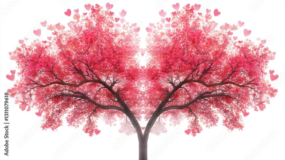 Fototapeta premium vibrant pink tree with heart-shaped leaves nature-inspired digital illustration with symmetrical branches and whimsical charm