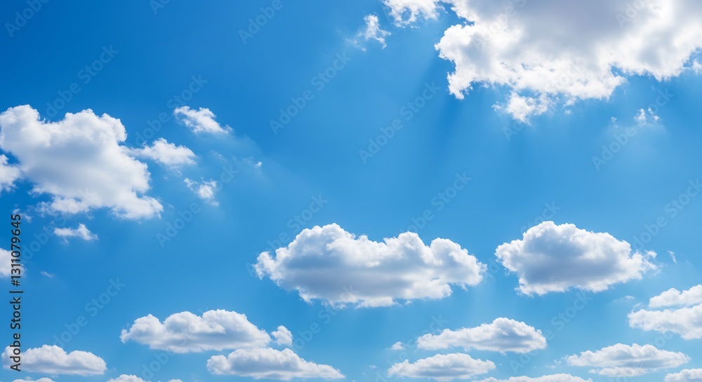 Fototapeta premium Serene Blue Sky Bright Sunbeams Fluffy Clouds. AI Generated