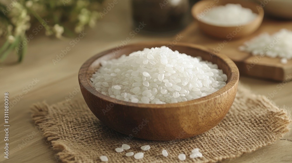 A close-up of delicate white rice grains in a wooden bowl, surrounded by burlap and kitchen elements. A close-up of delicate white rice grains in a wooden bowl, surrounded by burlap and kitchen elements.