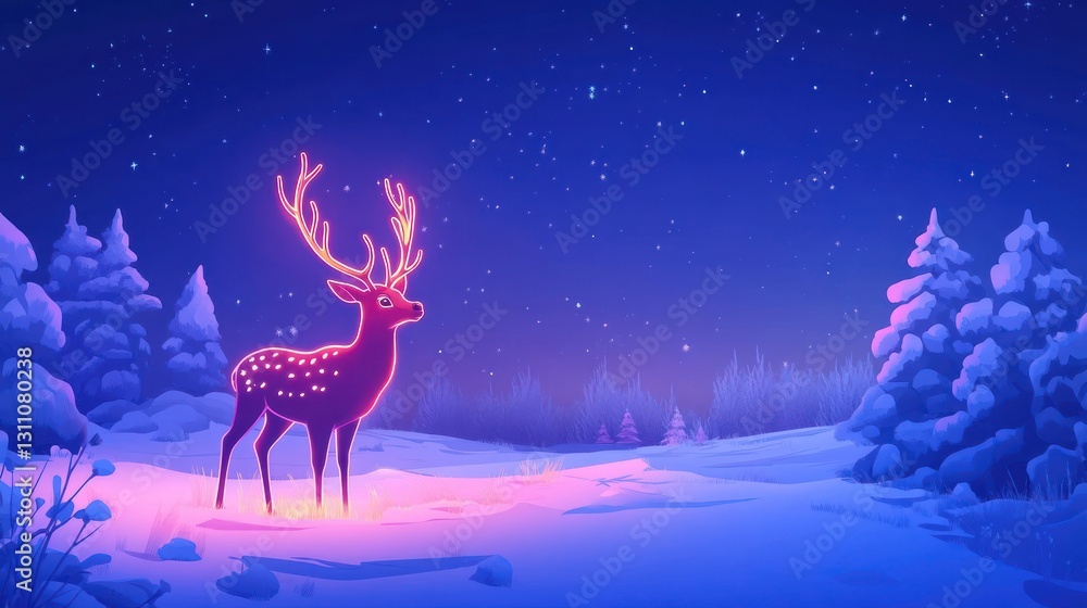 Glowing Reindeer in Snowy Forest, Night. Holiday greeting card Glowing Reindeer in Snowy Forest, Night. Holiday greeting card