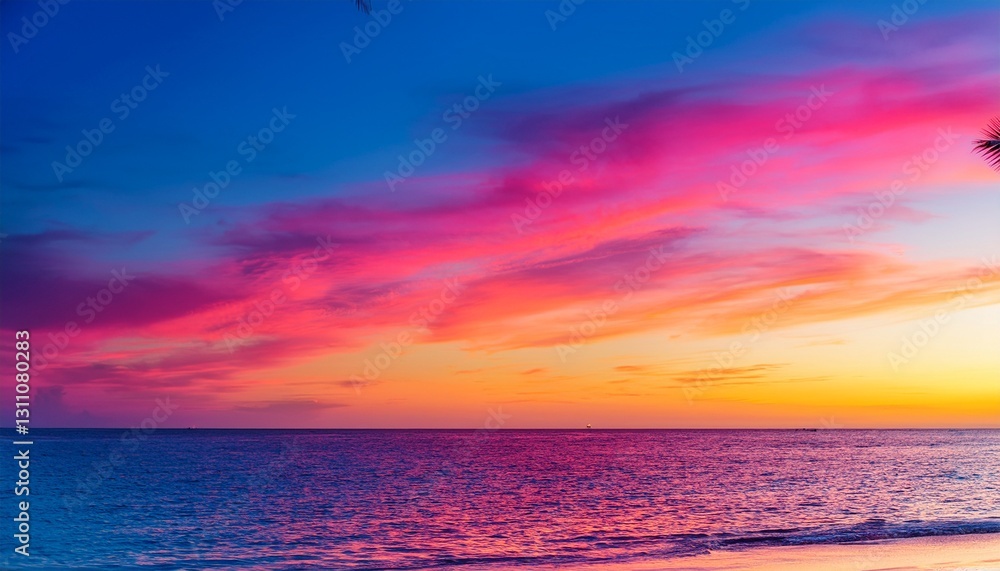 Fototapeta premium A vibrant blend of fuchsia, yellow, and azure blue, evoking the warmth and energy of a tropical sunset. The bold, bright colors capture the essence of a tropical heatwave, full of energy and life. 