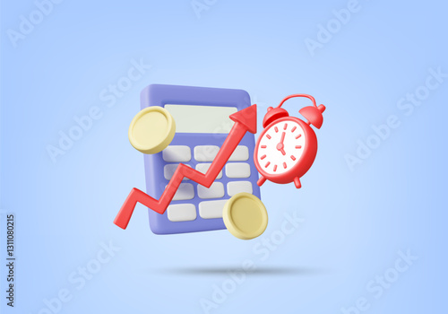 3D Vector Illustration Render Icon of Calculator, Alarm Clock, Coins and Up Arrow. Concept of Financial Planning and Business Growth, Budget Management, Investment and Efficient Use of Financial Time.