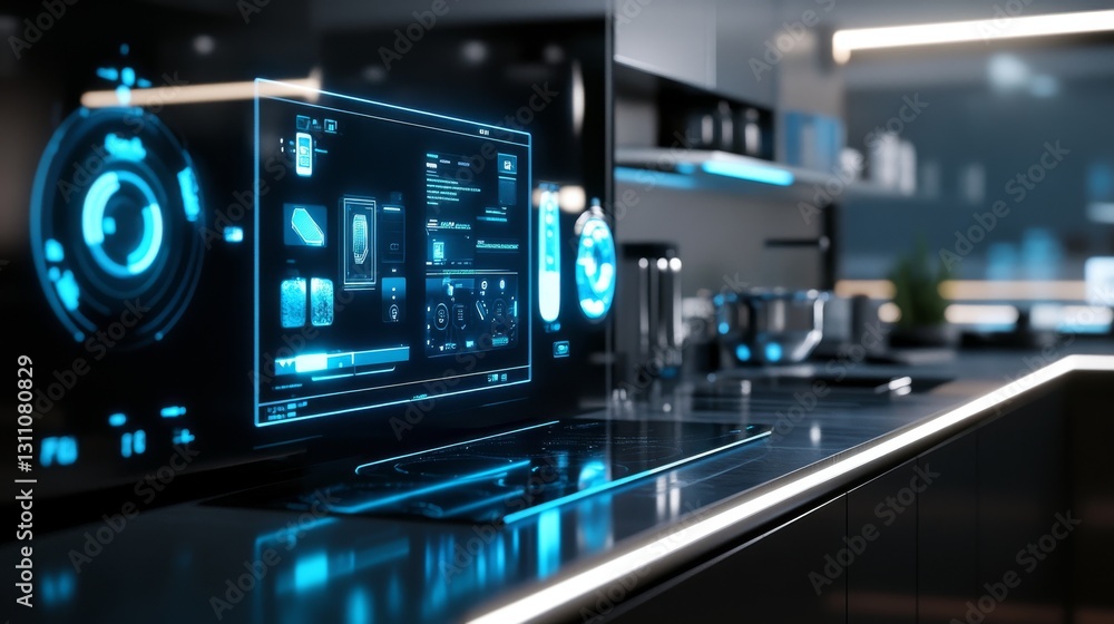 Obraz premium Futuristic smart kitchen gadget collection, matte black appliances, digital control panels glowing blue, floating transparent interface screens, precision cooking sensors, streamlined industrial