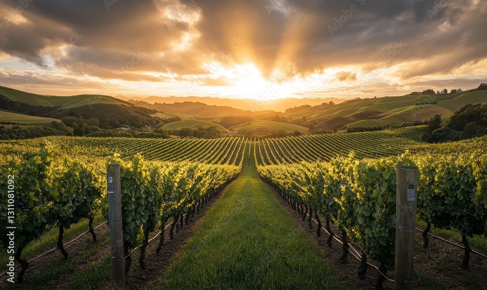 Fototapeta premium Sunrise over vineyard rows