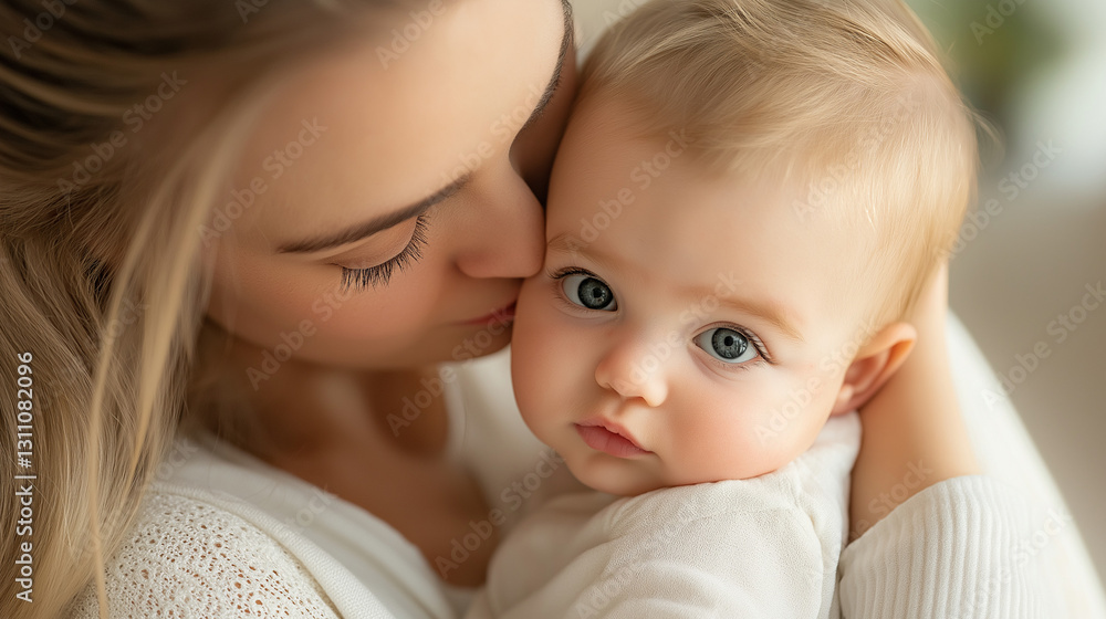 Mother kissing baby in warm natural light Mother kissing baby in warm natural light