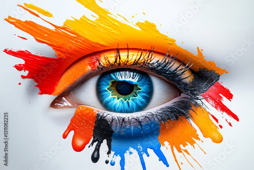 A close up of an eye with colorful paint splatters on it