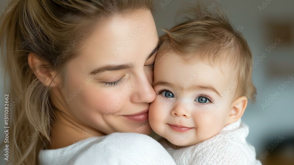 Mother holding baby with a loving smile Mother holding baby with a loving smile