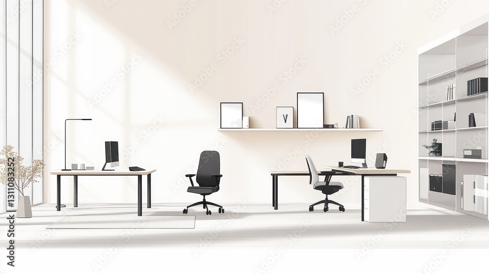 Modern office workspace with two desks and shelves Modern office workspace with two desks and shelves