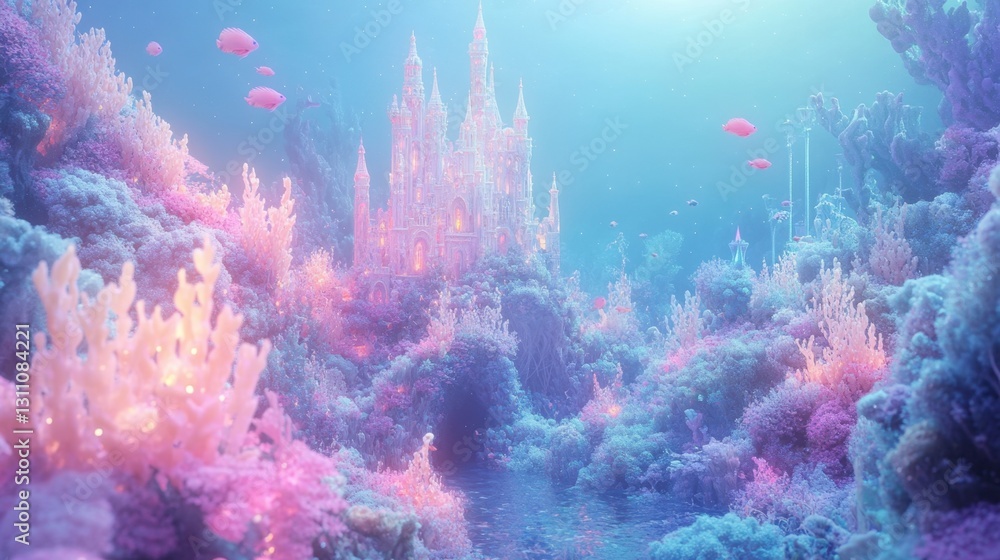 Naklejka premium A dreamy pastel underwater kingdom with coral castles, glowing fish, and soft ethereal lighting