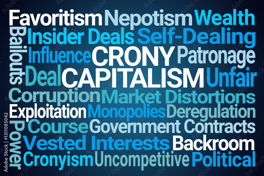Crony Capitalism Word Cloud on Blue Background Crony Capitalism Word Cloud on Blue Background