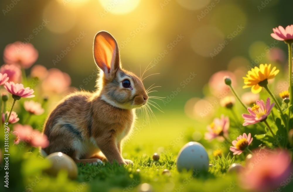 Fototapeta premium Easter bunny surrounded by flowers and eggs in a vibrant spring garden