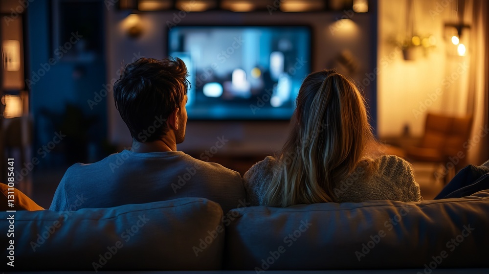 A back view of a couple sitting on a sofa at home in a darkened room, watching TV with a copy-space background A back view of a couple sitting on a sofa at home in a darkened room, watching TV with a copy-space background