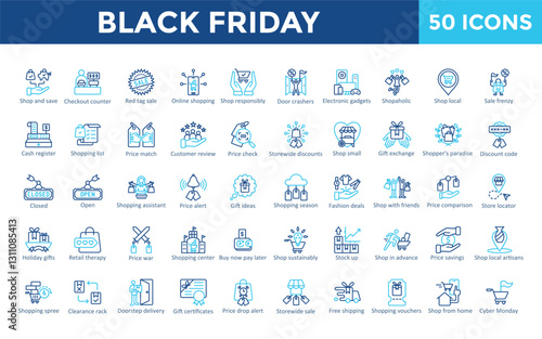 Black Friday icon set with shop and save, checkout counter, red tag sale, online shopping, shop responsibly, door crashers, electronic gadgets, shopaholic icon. Simple outline color vector 
