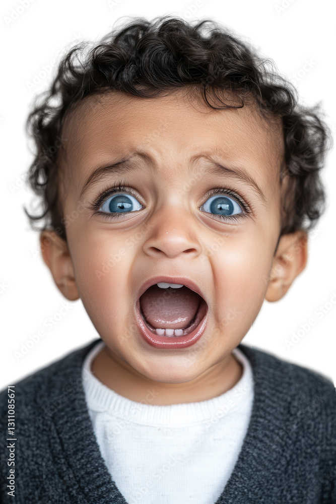 Child screaming with shock expression, surprised toddler with curly hair, isolated on white background, emotion reaction in kids, childhood feelings and development. Child screaming with shock expression, surprised toddler with curly hair, isolated on white background, emotion reaction in kids, childhood feelings and development.