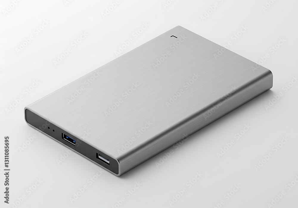 Portable External Hard Drive in Silver Metal Casing Product Shot Portable External Hard Drive in Silver Metal Casing Product Shot