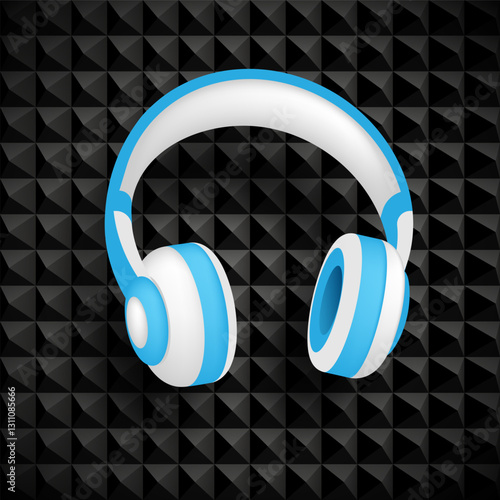 Wireless over ear headphones on acoustic foam panel background in radio broadcasting studio. Live broadcast, recording of podcast broadcast in special soundproof room. Realistic vector