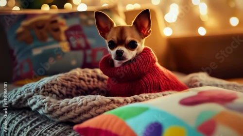 Chihuahua in Red Sweater with Blankets