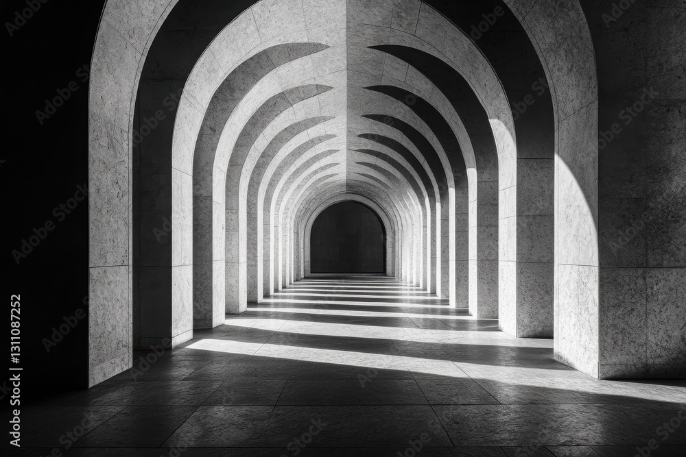 Fototapeta premium Arcade's Architectural Echo: A symmetrical arcade, bathed in monochrome hues, creates a play of light and shadow