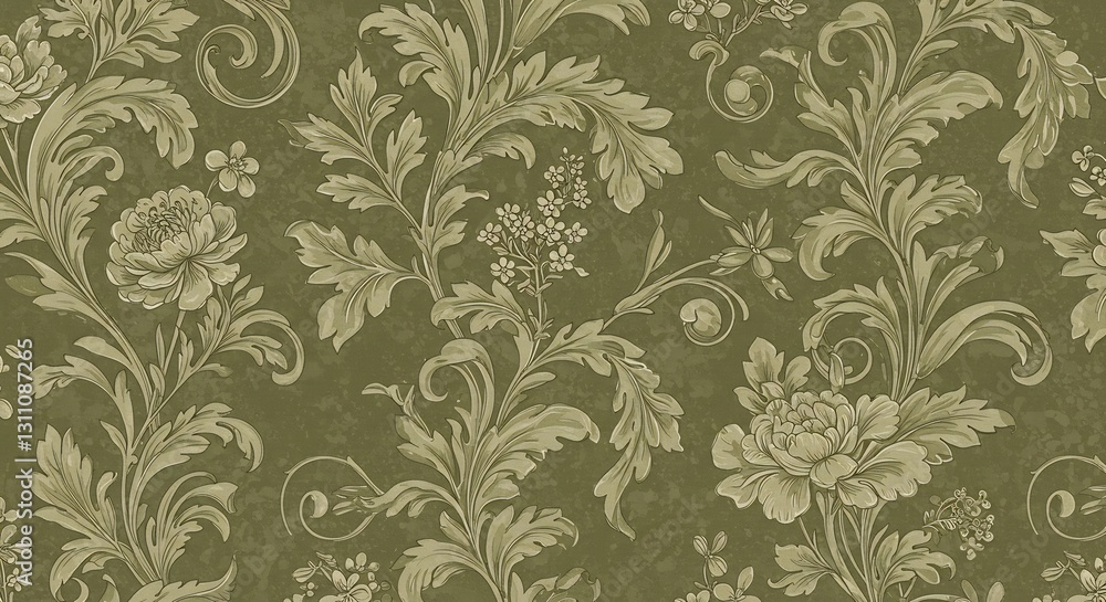 Elegant Olive Green Floral Damask Pattern. AI Generated Elegant Olive Green Floral Damask Pattern. AI Generated