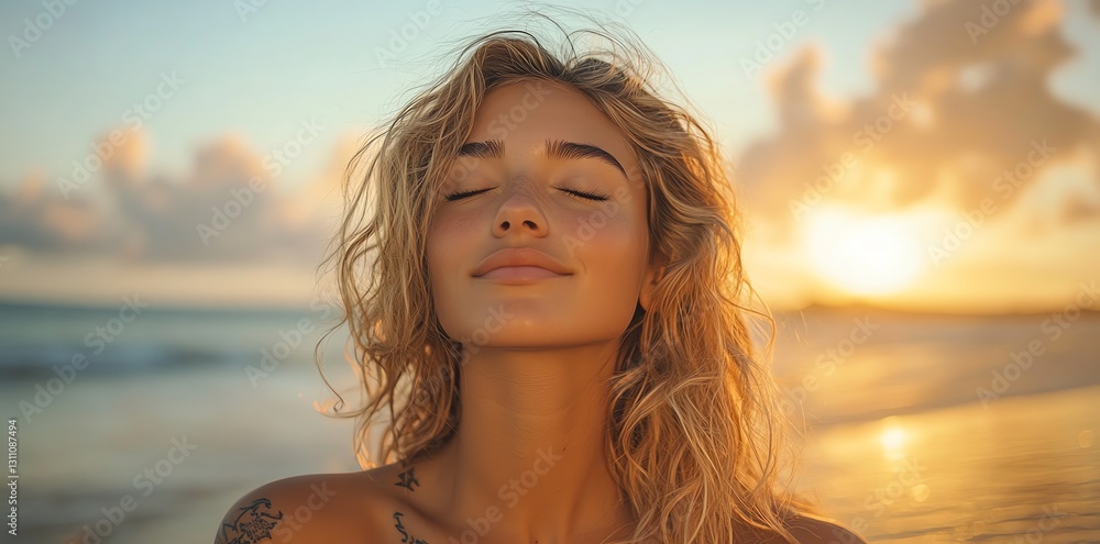 Enjoying a Serene Evening at the Beach with Soft Sunset Light Enjoying a Serene Evening at the Beach with Soft Sunset Light