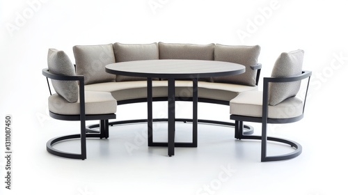 sleek circular alfresco dining set isolated on white, modern outdoor furniture collection, commercial catalog style, clean professional photography, minimalist patio ensemble