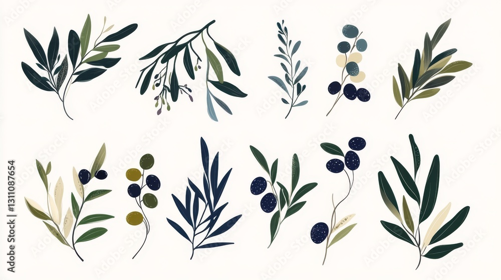 Naklejka premium sophisticated olive harvest graphics, modern vector illustrations, pastoral landscape elements, simplified nature motifs, elegant botanical symbols, mediterranean aesthetic